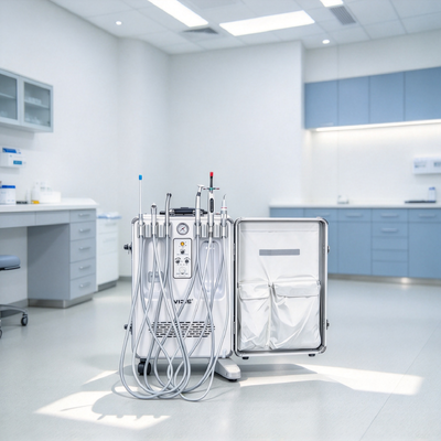 Un buon prezzo. Cassa di trattamento dentale portatile a ruote Unità mobile di consegna dentale con compressore d'aria integrato, luce di cura a LED e scalante ad ultrasuoni in linea